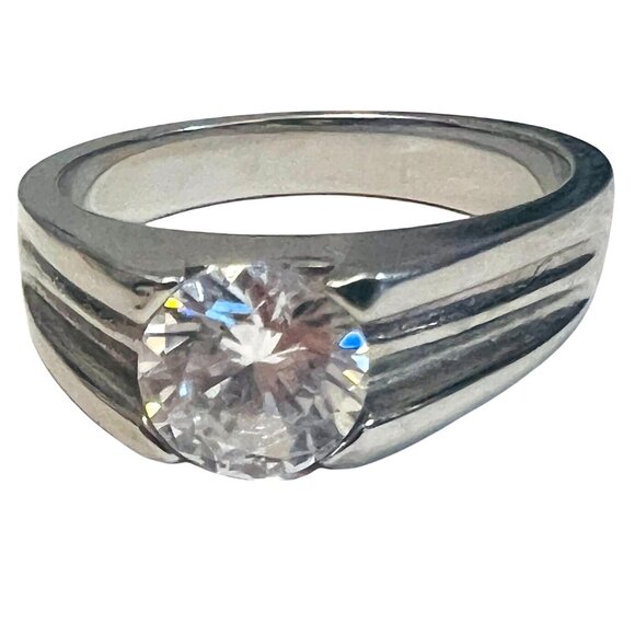 Unisex Stainless Steel Cubic Zirconia Ring Band Sz 8 Wedding Promise Jewelry - Picture 5 of 8